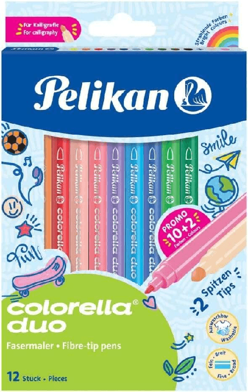 Pelikan Scatola da 12 Pennarelli Scuola Colorella Duo C407 10+2 Colori - Doppia Punta Fine 1mm e Spessa 2mm - Lavabili