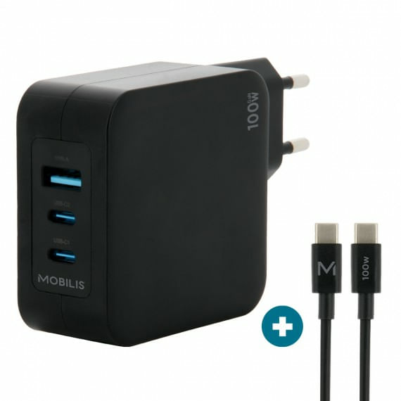 Mobilis-Charger-100W-2USB-C-1USBA-GaN-cable-100W-Computer-portatile-Smartphone-Tablet-Nero-AC-Interno--WALL-CHARGER---