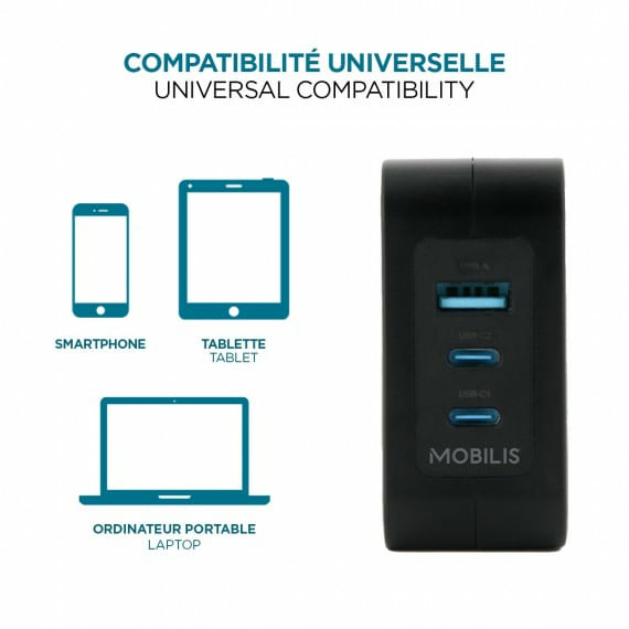 Mobilis-Charger-100W-2USB-C-1USBA-GaN-cable-100W-Computer-portatile-Smartphone-Tablet-Nero-AC-Interno--WALL-CHARGER---