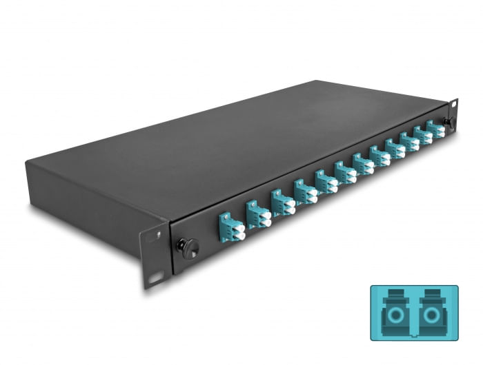 Delock Scatola di giunzione in fibra ottica da 19" 12 x LC Duplex OM3 1U pronta per la giunzione completamente attrezzat