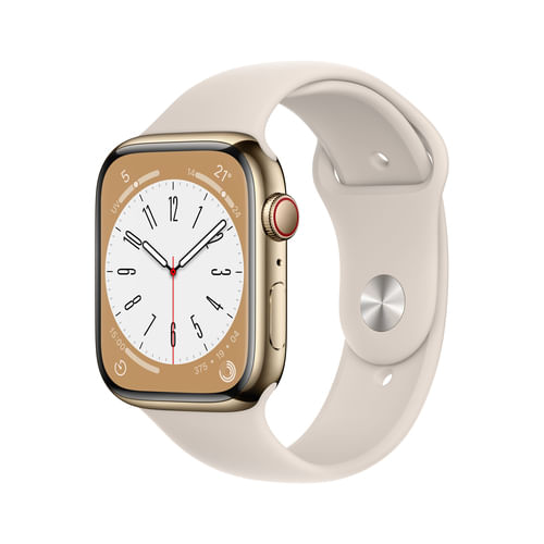Apple-Watch-Series-8--GPS---Cellular--45mm-in-acciaio-inossidabile-oro-per-un-gancio-sport-banda-polarstern