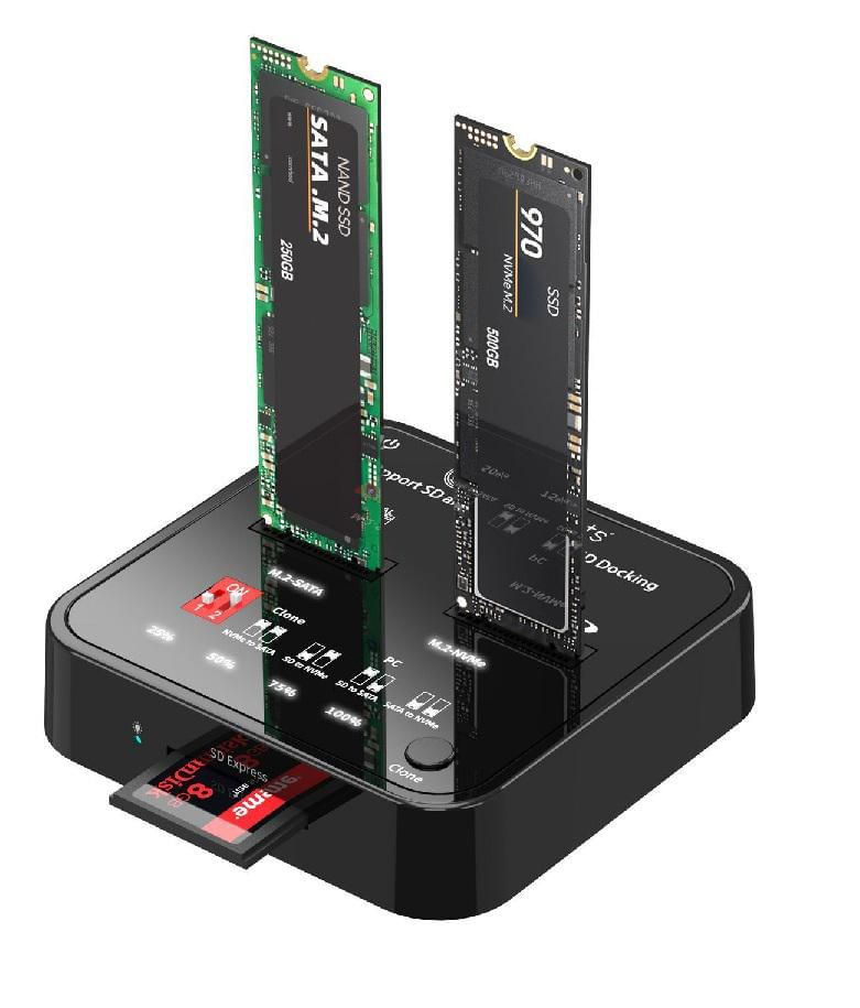 CoreParts SSD Clone Docking USB3.2 Type-C (10Gbps) M.2 SATA/NVMe with SD express card reader - USB-C Cable, Power Supply