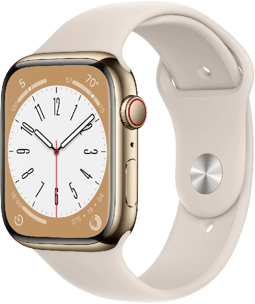 Apple-Watch-Series-8--GPS---Cellular--45mm-in-acciaio-inossidabile-oro-per-un-gancio-sport-banda-polarstern