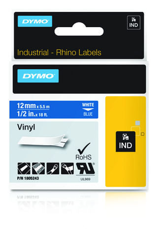 DymoÃ Â¢ÃâÃÂ® Band Ind -letter originale per RhinoÃ Â¢ ÃâÃÂ¢ Vinyl 12mm x 5,5m - bianco su blu