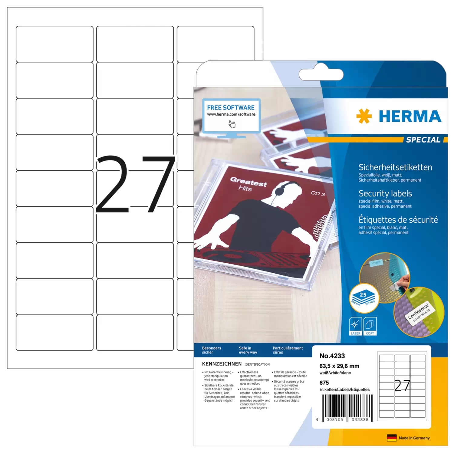 HERMA Special - Permanent selbstklebende, matte Etiketten aus Schutz-/Siegelfolie - weiÃ - 63,5 x 29