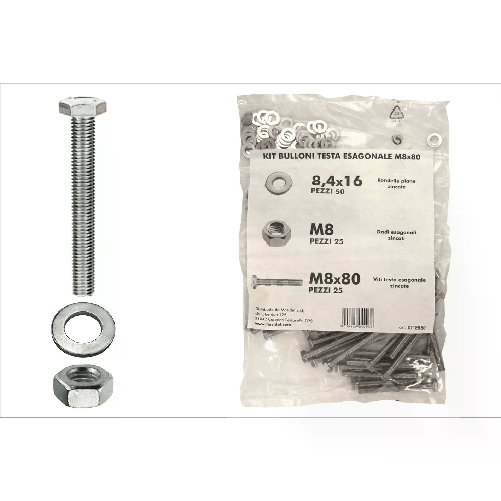 Masidef Kit viti testa esagonale M8 x 80 + dadi + rondelle - 100 pz.