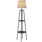 HOMCOM Lampada da Terra a 2 Ripiani in Metallo e MDF con Paralume in Tessuto, Ø42x166 cm, Nero e Marrone