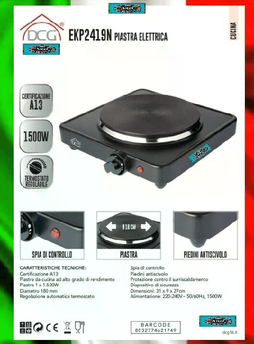 Dcg srl Piastra Elettrica Piano Cottura Singola - Ø18,5 cm, Termostato Regolabile, 1500W