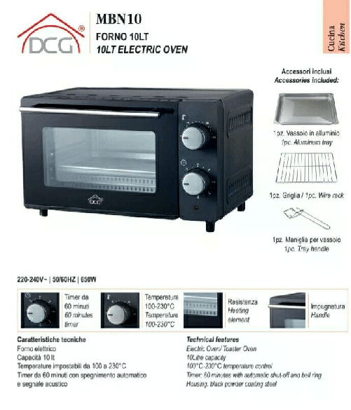 DCG Forno Elettrico Piccolo 10 Litri – 100-230°C, Timer 60 Min, Griglia, Teglia