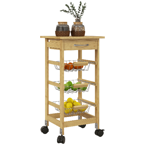 HOMCOM Carrello Cucina con Ruote, Cassetto e 3 Cestini a Rete Metallica, 37x37x76cm, Colore Legno