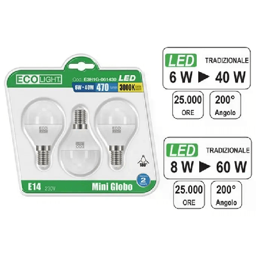 Globo Lampadina Ecolight Led E14M-GL8W C. Confezione 3 Pezzi