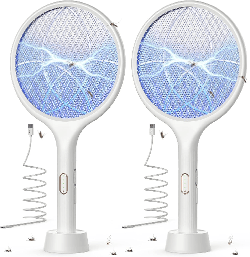 MF artSHOP  2x Racchetta Zanzare Elettrica 4000V USB Ricaricabile LED 2 in 1, Protezione Maglia a 3 Strati
