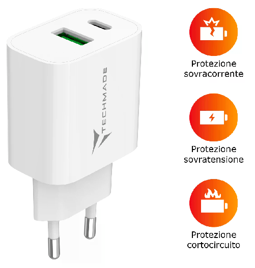 TechMade Carica Batteria Rapido 1P Usb-C/1P Usb-A 20W Bianco Techmade