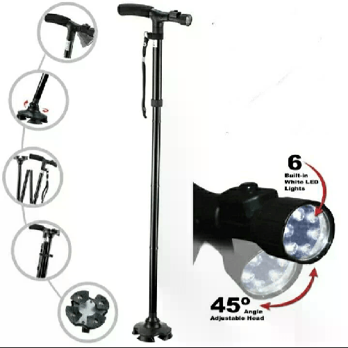 DESTAR INTERNETIONAL GMBH  Bastone da Passeggio Pieghevole con Torcia LED e Sicurezza, Base Stabile 4 Piedi