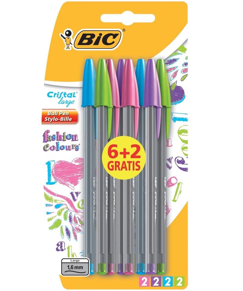 Bic-Crystal-Fun-6-2-pacco-di-boligrafi-a-8-sfere---punta-rotonda-da-16-mm---corsa-042-mm---inchiostro-a-base-di-olio--
