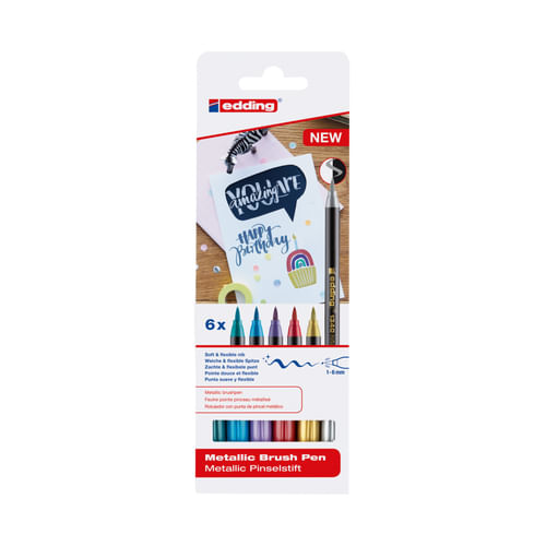 Edding-1340-Brush-Pack-de-6-Rotuladores---Punta-Pincel-Flexible---Trazo-1-3mm---Tinta-con-Base-de-Agua---Colores-Oro-Ro