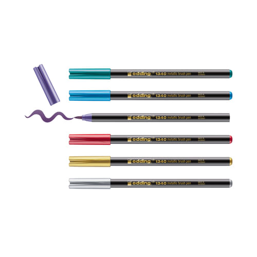 Edding-1340-Brush-Pack-de-6-Rotuladores---Punta-Pincel-Flexible---Trazo-1-3mm---Tinta-con-Base-de-Agua---Colores-Oro-Ro