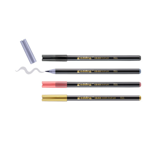 Edding-1340-Brush-Pack-de-4-Rotuladores---Punta-Pincel-Flexible---Trazo-1-3mm---Tinta-con-Base-de-Agua---Colores-Oro-Ne