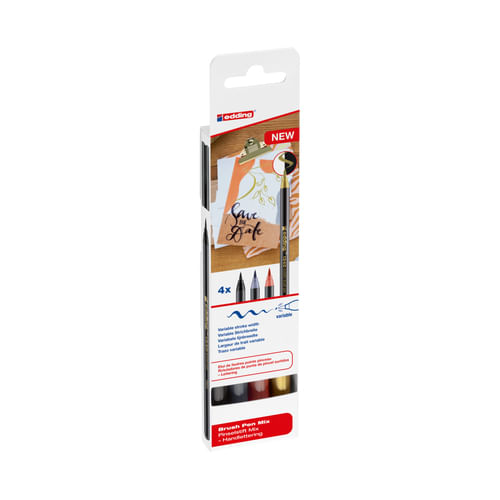 Edding-1340-Brush-Pack-de-4-Rotuladores---Punta-Pincel-Flexible---Trazo-1-3mm---Tinta-con-Base-de-Agua---Colores-Oro-Ne