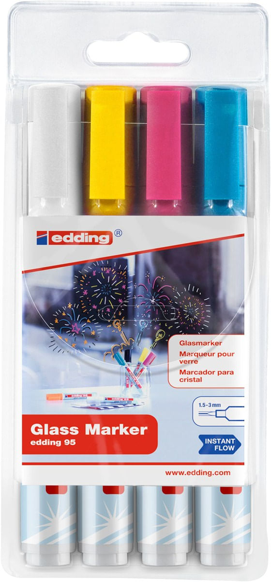 Edding-95-Pack-de-4-Rotuladores-de-Tiza-Liquida---Punta-Redonda---Trazo-1.5-3mm---Colores-Negro-Naranja-Rosa-y-Azul