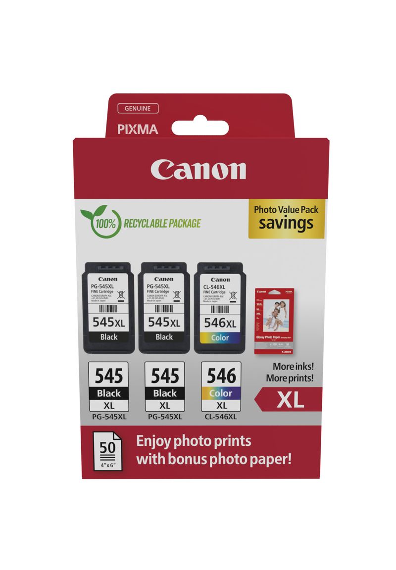 Canon-PG-545XL-CL-546XL-Multipack-de-3-Cartuchos-de-Tinta-Originales---50-Hojas-de-Papel-Fotografico---8286B015