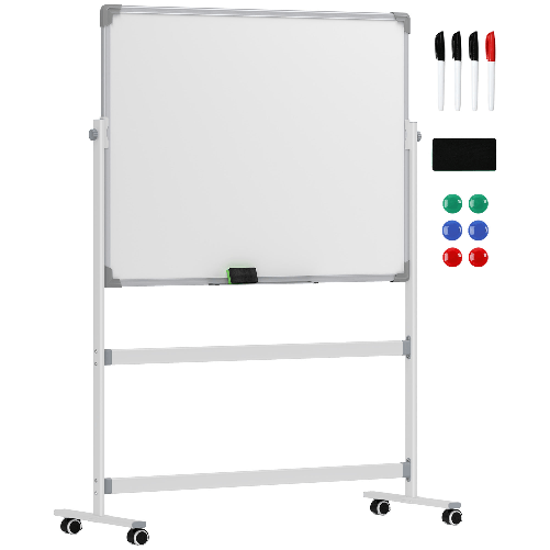 HOMCOM Lavagna Magnetica Bianca a 2 Facce con Accessori e 4 Ruote, in Alluminio e Acciaio, 127x50x165 cm