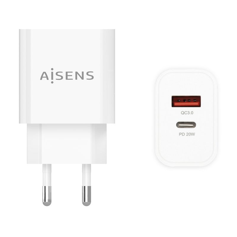 Aisens-Cargador-20W---1xUSB-C-PD3.0---1xUSB-A-QC3.0---Color-Blanco