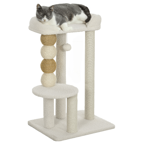 PawHut Torre per Gatti con Lettino, Piattaforma e Pallina Giocattolo, in Legno, Peluche e Iuta, 48