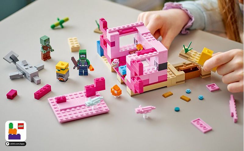 LEGO-Minecraft-21247-La-Casa-dell’Axolotl-Base-Subacquea-Rosa-con-Esploratore-Subacqueo-Zombie-per-Bambini-da-7-anni