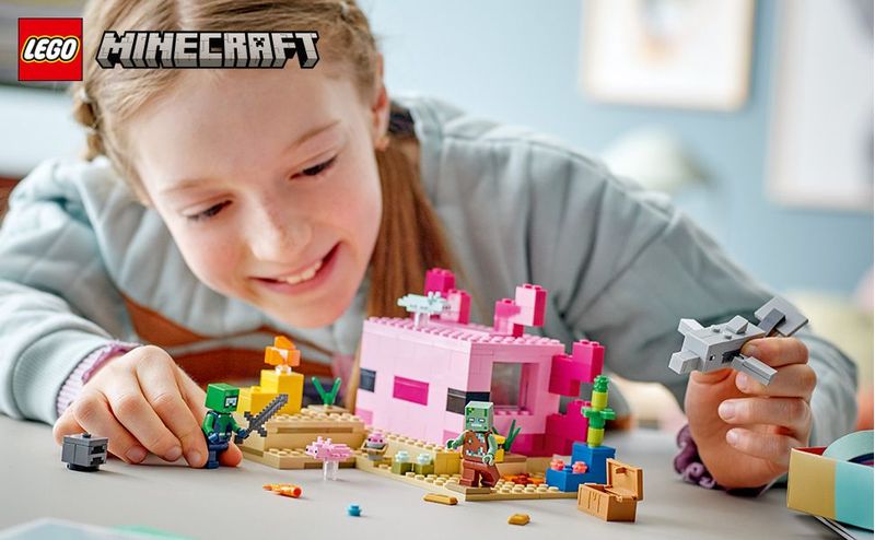 LEGO-Minecraft-21247-La-Casa-dell’Axolotl-Base-Subacquea-Rosa-con-Esploratore-Subacqueo-Zombie-per-Bambini-da-7-anni