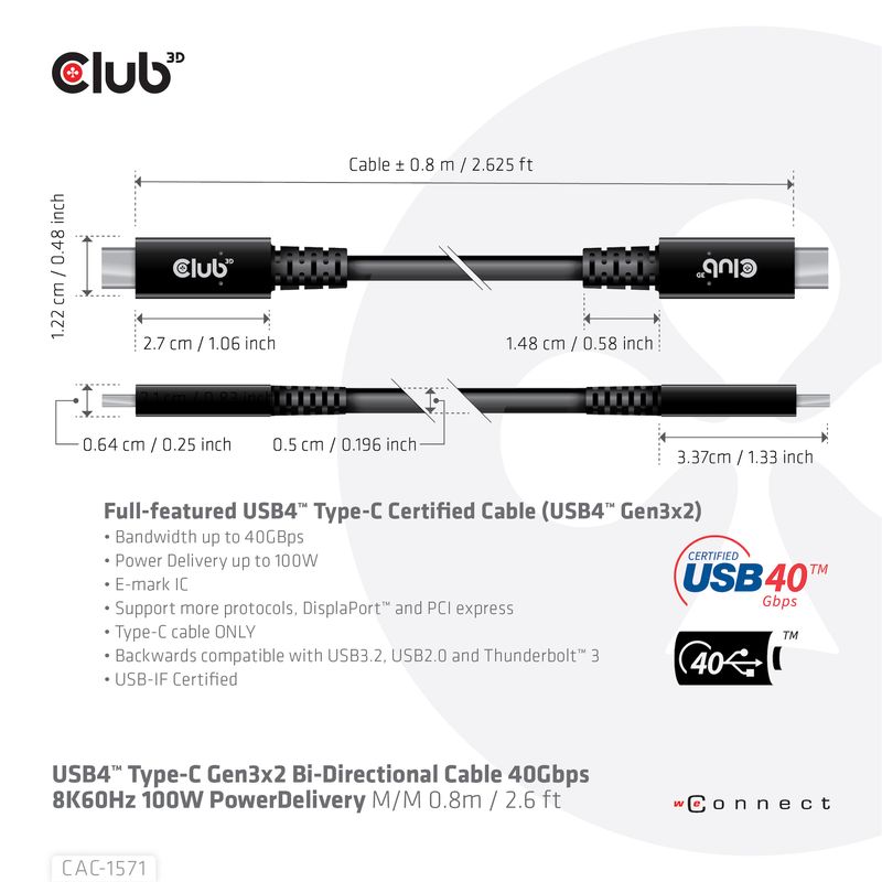 CLUB3D-CAC-1571-cavo-USB-08-m-USB4-Gen-3x2-USB-C-Nero