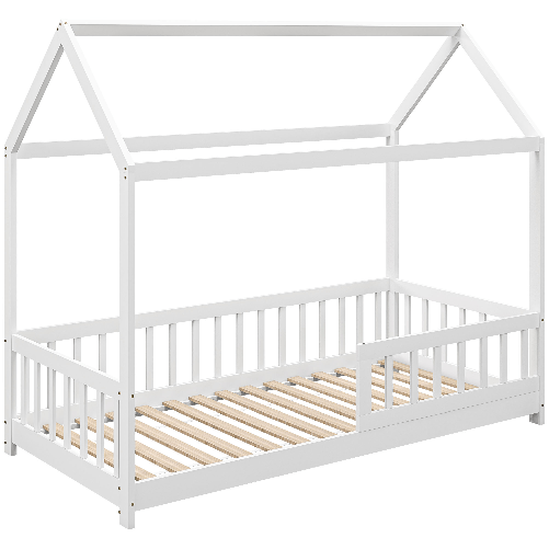 HOMCOM Struttura Letto per Bambini a Forma di Casetta con Doghe e Recinzione, in Legno di Pino