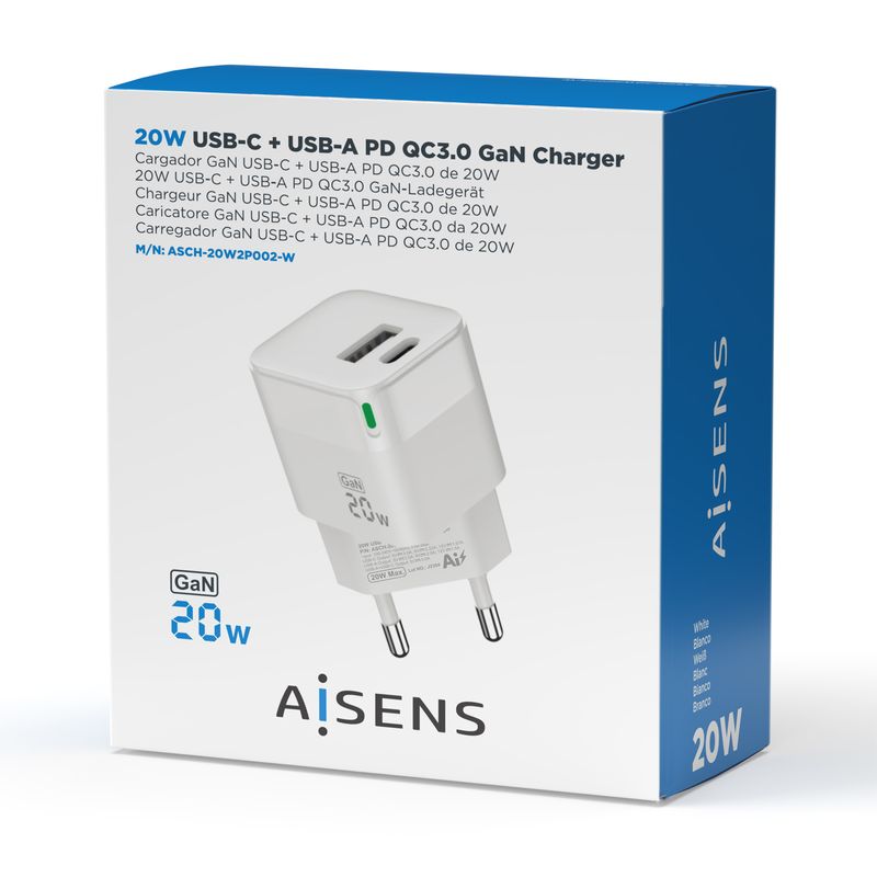 Caricabatterie-Aisens-GAN-20W---1xUSB-C-PD3.0-QC4.0---1xUSB-A-QC3.0---Bianco