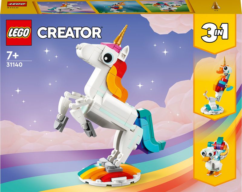LEGO-Creator-31140-Unicorno-Magico-con-Arcobaleno-Set-3-in-1-con-Animali-Giocattolo-Fantastici-Cavalluccio-Marino-e-Pavone