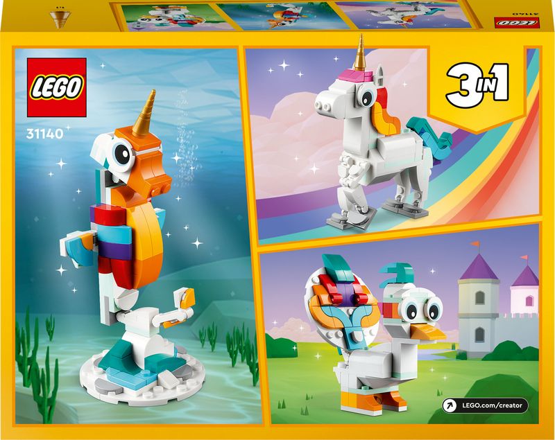 LEGO-Creator-31140-Unicorno-Magico-con-Arcobaleno-Set-3-in-1-con-Animali-Giocattolo-Fantastici-Cavalluccio-Marino-e-Pavone