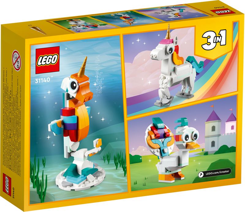 LEGO-Creator-31140-Unicorno-Magico-con-Arcobaleno-Set-3-in-1-con-Animali-Giocattolo-Fantastici-Cavalluccio-Marino-e-Pavone