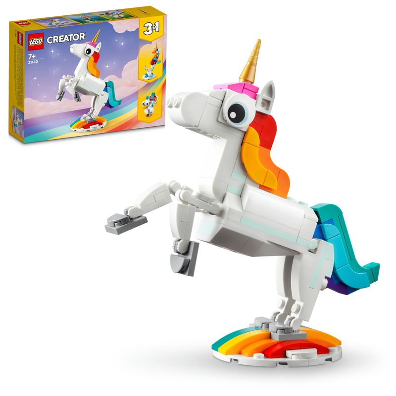 LEGO-Creator-31140-Unicorno-Magico-con-Arcobaleno-Set-3-in-1-con-Animali-Giocattolo-Fantastici-Cavalluccio-Marino-e-Pavone