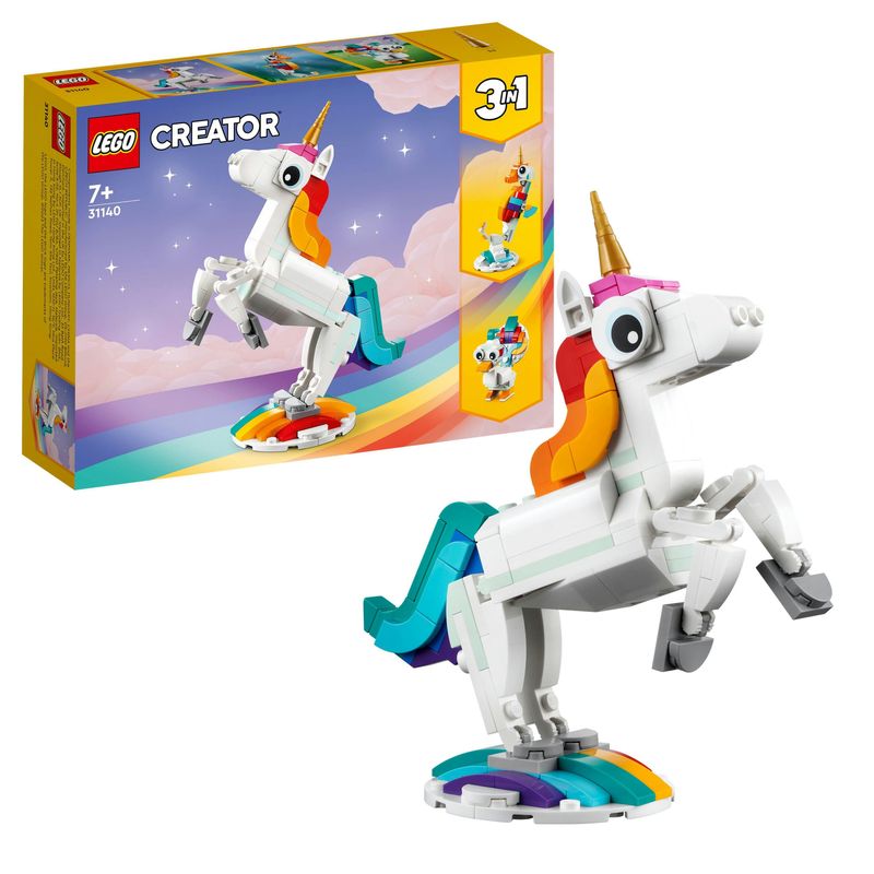 LEGO-Creator-31140-Unicorno-Magico-con-Arcobaleno-Set-3-in-1-con-Animali-Giocattolo-Fantastici-Cavalluccio-Marino-e-Pavone