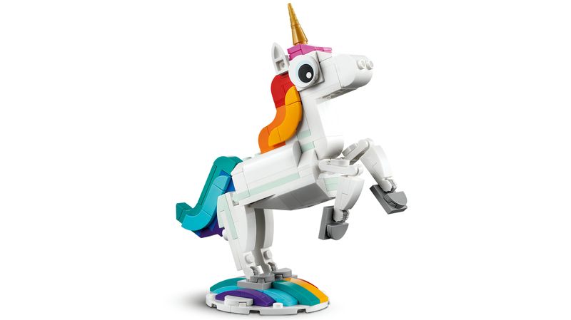 LEGO-Creator-31140-Unicorno-Magico-con-Arcobaleno-Set-3-in-1-con-Animali-Giocattolo-Fantastici-Cavalluccio-Marino-e-Pavone