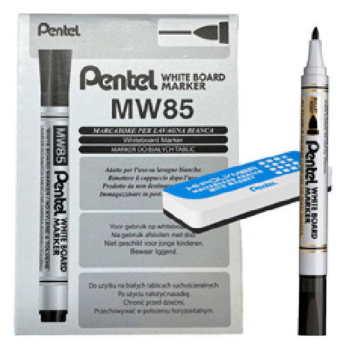 PENTEL Marcatore white board MW85 - nero - Pentel - bundle 12 pezzi + cancellino magnetico