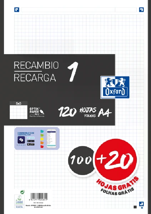 Oxford Ricarica Oxford School A4 120 fogli griglia 5x5 mm - 4 fori - fascia nera