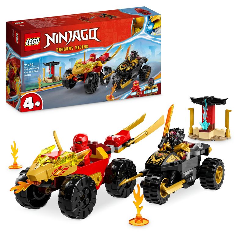 LEGO-NINJAGO-71789-Battaglia-su-Auto-e-Moto-di-Kai-e-Ras-Veicoli-Giocattolo-con-2-Minifigure-Giochi-Ninja-per-Bambini-4--Anni