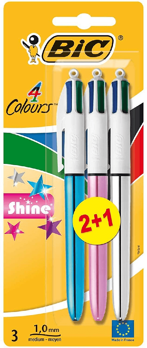 BIC-4-Colurs-Shine-2-1-Pacco-di-3-ciotole-a-sfera-a-retrattile---Suggerimento-medio-da-10-mm---Inchiostro-a-base-di-oli