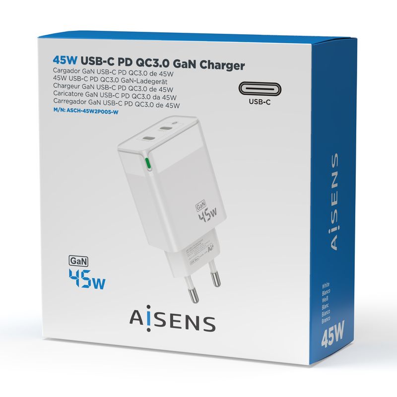 Caricabatterie-Aisens-GAN-45W---2xUSB-C-PD3.0-QC4.0---Bianco