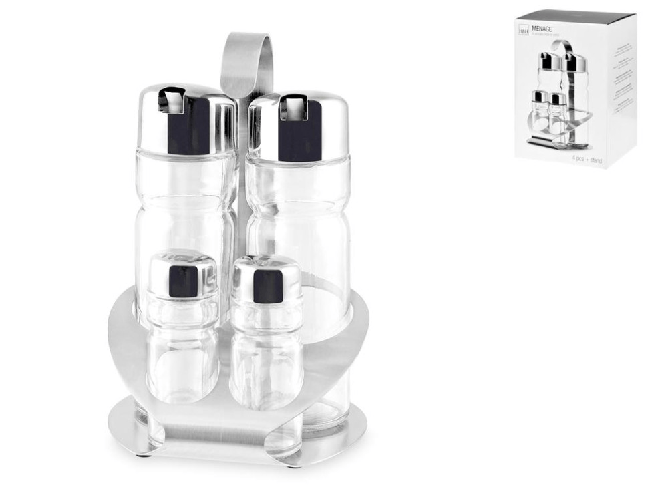 H&h Oliera 4 Pezzi In Vetro Tappo Inox con stand H&amp;H