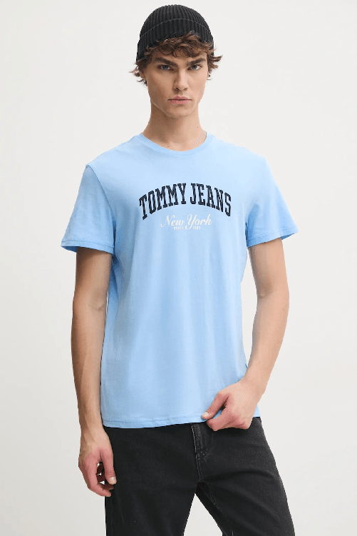TOMMY JEANS T SHIRT MAGLIA MAGLIE UOMO TOMMY JEANS DM0DM20362 COTONE CELESTE ORIGINAL PE2025
