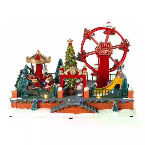 Cecaro Group Carillon Natale Scenario Parco Divertimenti Rosso Con Luci E Movimento da 36,5 cm