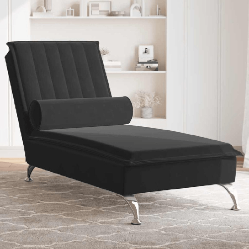 VidaXL Chaise Longue Massaggi con Cuscino a Rullo Nero in Velluto