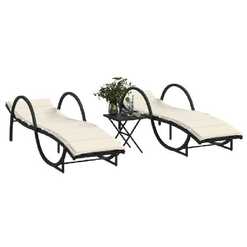 VidaXL Lettini Prendisole 2 pz con Tavolino Nero in Polyrattan