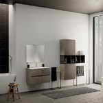 Pidema:Mobile bagno moderno sospeso colore argilla. Mobili in legno rialzato completo di specchio, illuminazione LED e lavabo in ceramica.